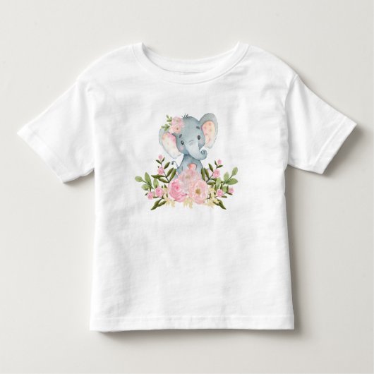 ピンクの花のベビー象の誕生日の幼児のTシャツ トドラーTシャツ (正面)