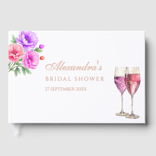 ピンクの花のペタルとプロセッコ ブライダルシャワー ゲストブック (正面)