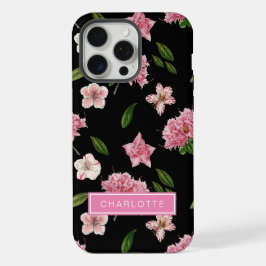 ピンクの花のボタニカルブラック iPhone 15 PRO MAXケース