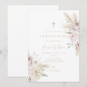 ピンクの花のボヘミアンスタイルの命名式 招待状 (正面/裏面)