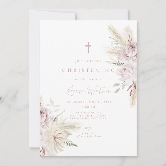 ピンクの花のボヘミアンチャイルドネームセレモニー 招待状 (正面)