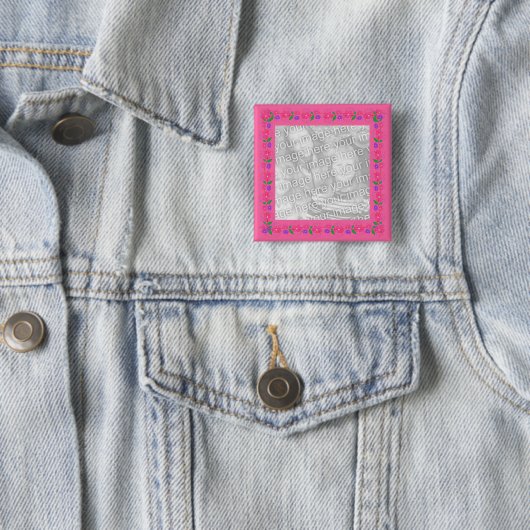 ピンクの花のボーダー写真ボタン 缶バッジ (インサイチュ)