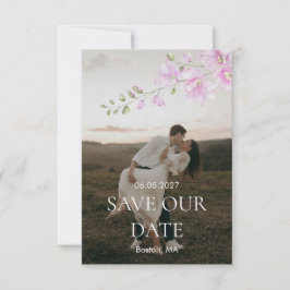 ピンクの花のミニマルな結婚式のSave the Date セーブザデート