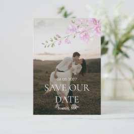 ピンクの花のミニマルな結婚式のSave the Date セーブザデート