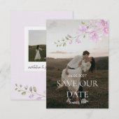 ピンクの花のミニマルな結婚式のSave the Date セーブザデート (正面/裏面)