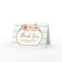 ピンクの花のミントのストライプ ベイビーシャワー お礼