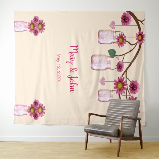 ピンクの花のメイソンジャー 写真用背景 タペストリー (インサイチュ(横))