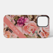 ピンクの花のモダンな名前入りデザイン iPhoneケース (裏面横)