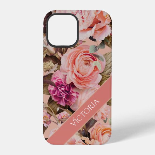 ピンクの花のモダンな名前入りデザイン iPhoneケース (裏面)
