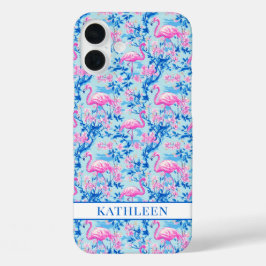 ピンクの花のモノグラム入りフラミンゴ iPhone 16 PLUSケース
