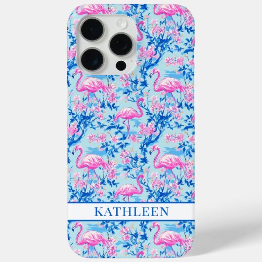 ピンクの花のモノグラム入りフラミンゴ Case-Mate iPhoneケース (裏面)