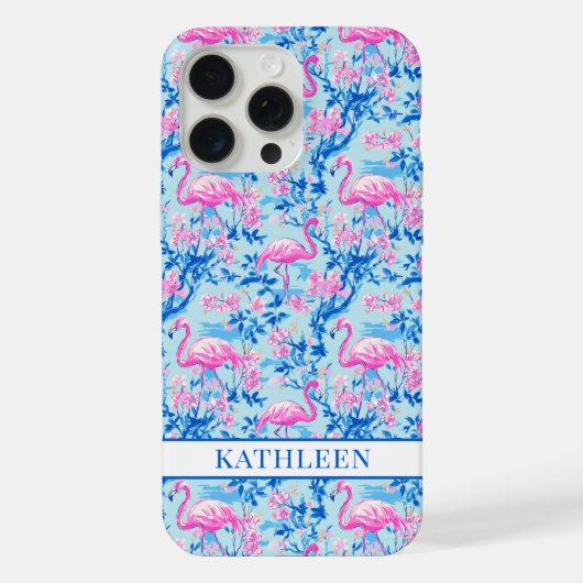 ピンクの花のモノグラム入りフラミンゴ iPhoneケース (裏面)