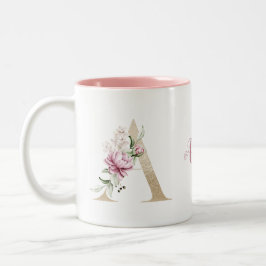 ピンクの花のモノグラム入り ゴールドのイニシャルA ツートーンマグカップ