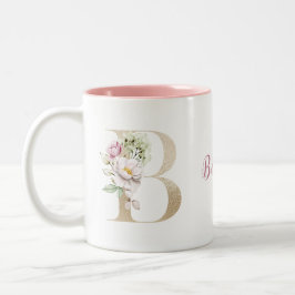 ピンクの花のモノグラム入り ゴールドのイニシャルB ツートーンマグカップ