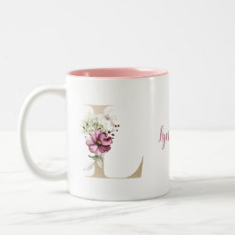 ピンクの花のモノグラム入り ゴールドのイニシャルL ツートーンマグカップ
