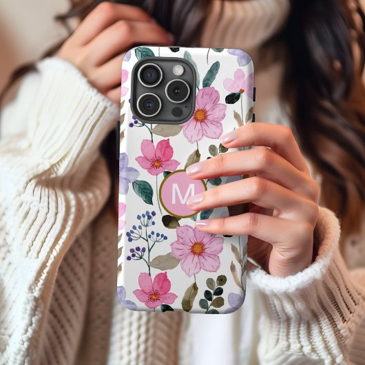 ピンクの花のモノグラム柄iPhoneケース iPhone 16ケース