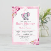 ピンクの花のモノグラム象のベビーシャワー 招待状 (スタンド正面)