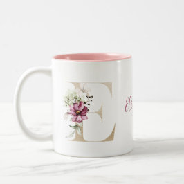 ピンクの花のモノグラム ゴールド E  ツートーンマグカップ