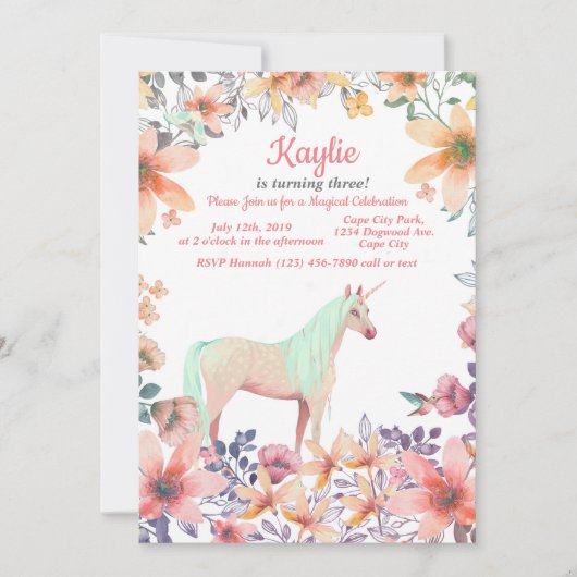 ピンクの花のユニコーンバースデーパーティーの招待状 招待状 (正面)