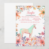 ピンクの花のユニコーンバースデーパーティーの招待状 招待状 (正面/裏面)