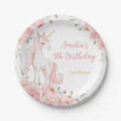 ピンクの花のユニコーン誕生日パーティー ペーパープレート (正面)