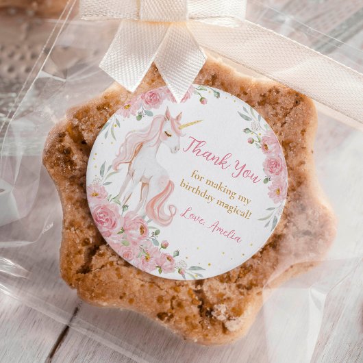 ピンクの花のユニコーン誕生日パーティー ラウンドシール