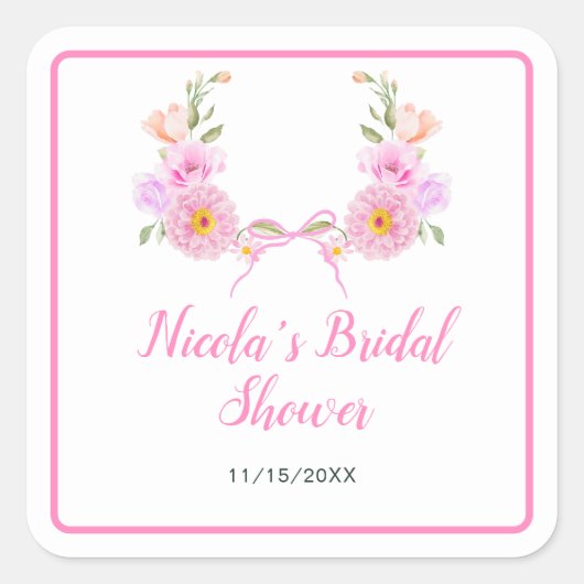 ピンクの花のリボン ブライダルシャワー スクエアシール (正面)