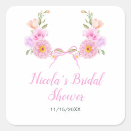 ピンクの花のリボン ブライダルシャワー スクエアシール