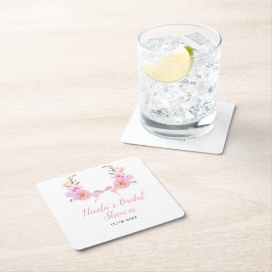 ピンクの花のリボン ブライダルシャワー スクエアペーパーコースター (インサイチュ)