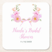 ピンクの花のリボン ブライダルシャワー スクエアペーパーコースター (正面)