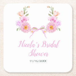ピンクの花のリボン ブライダルシャワー スクエアペーパーコースター