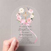 ピンクの花のリースの弓の十字架の少女の洗礼のアーチ アクリル招待状 (インサイチュ (ポータブル))