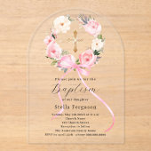 ピンクの花のリースの弓の十字架の少女の洗礼のアーチ アクリル招待状 (正面)