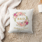 ピンクの花のリースの金ゴールドのモノグラムの結婚式 クッション (ブランケット)