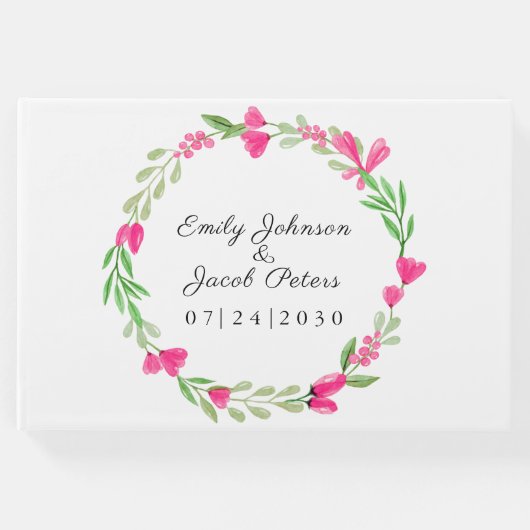 ピンクの花のリースエレガントフローラホワ結婚イト ゲストブック (正面)