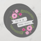 ピンクの花のリース及び旗の女の子の円形のベビーシャワー 招待状 (正面/裏面)