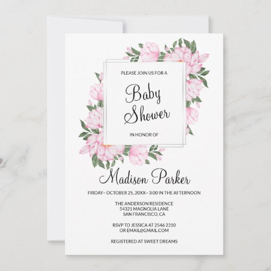 ピンクの花のリース 招待状 (正面)