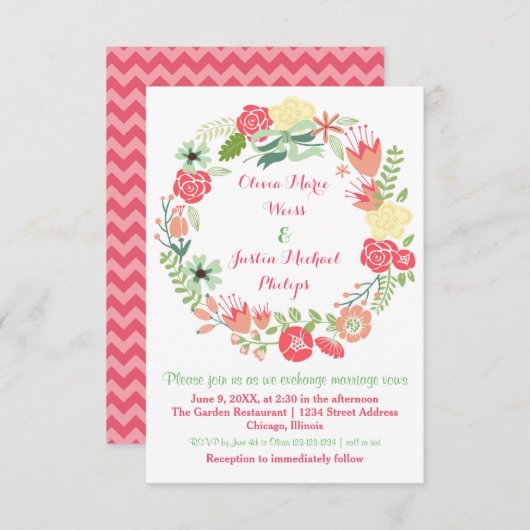 ピンクの花のリース- 3x5結婚式招待状 招待状 (正面/裏面)