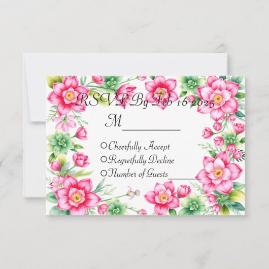 ピンクの花のレスポンスカード(食事オプションなし) 出欠カード (正面)