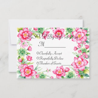 ピンクの花のレスポンスカード（食事オプションなし） 出欠カード