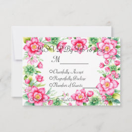 ピンクの花のレスポンスカード（食事オプション付き） 出欠カード