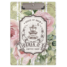 ピンクの花のレトロなヴィンテージコーヒーロゴ クリップボード