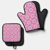 ピンクの花のレトロタイル柄 鍋つかみ&鍋敷きセット (正面/裏面)