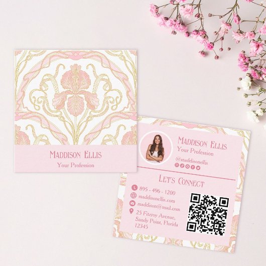ピンクの花のレトロフェミニン スクエア名刺