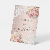 ピンクの花のレースのゲストブックサイン 台座サイン (正面)