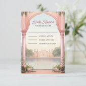 ピンクの花のロイヤル+インドの宮殿の結婚式 出欠カード (スタンド正面)