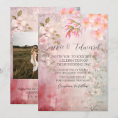 ピンクの花のロマンチックなQRコードウェディング 招待状 (正面/裏面)