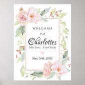ピンクの花のローズゴールドのウェディングシャワーの歓迎の看板 ポスター (正面)