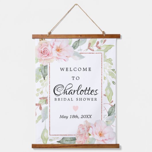 ピンクの花のローズゴールドの結婚式前お披露目歓迎サイン 吊り下げ型タペストリー (正面)