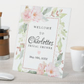 ピンクの花のローズゴールドの結婚式前祝賀会のウェルカムメッセージ 台座サイン (インサイチュ)